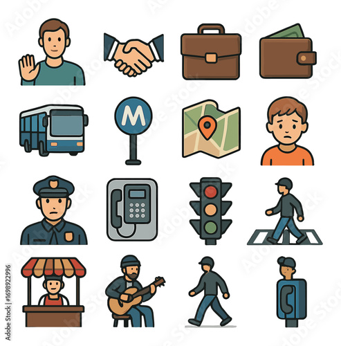City life flat icon set. featuring bus, metro, map, police, street vendor, musician, and traffic symbols