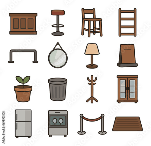 Home furniture flat icon set. featuring cabinet, stool, chair, rack, handle, mirror, lamp, stand, pot, trash bin
