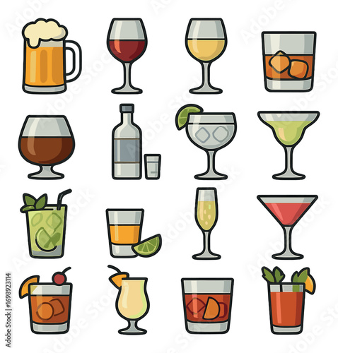 Cocktail drinks flat icons set. featuring beer, wine, whiskey, brandy, margarita, martini glasses