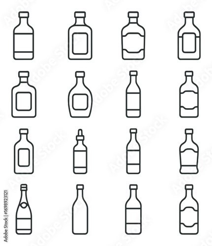 Bottles linear icon set. featuring glass, liquor, whisky, wine, beer, soda, oil, and water bottle symbols