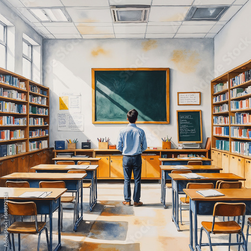 Young male student standing in classroom looking at chalkboard  