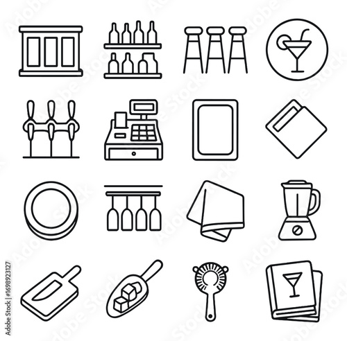 Bar essentials linear icon set. featuring stool, martini, taps, blender, coaster, cash register, menu, and glass icons