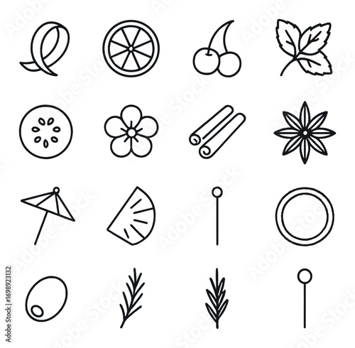 Cocktail ingredients linear icon set. featuring citrus, cherry, mint, cucumber, flower, cinnamon, and star anise