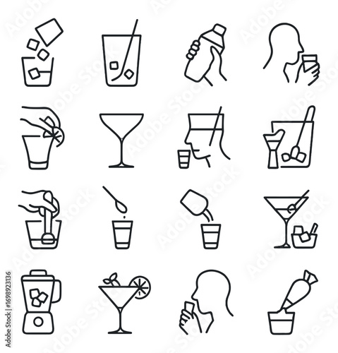 Cocktail party linear icon set. featuring shaker, head, glass, blender, maraschino cherry, and stirring symbols