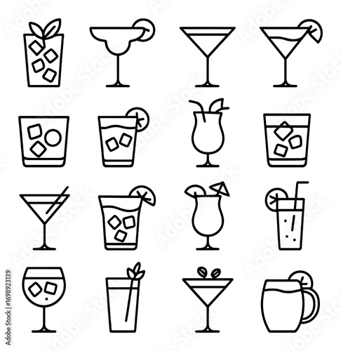 Cocktail drinks linear icon set. featuring margarita, martini, mojito, hurricane, and daiquiri glasses
