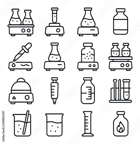 Science equipment linear icon set. featuring beaker, test tube, flask, pipette, burner, vial, and dropper