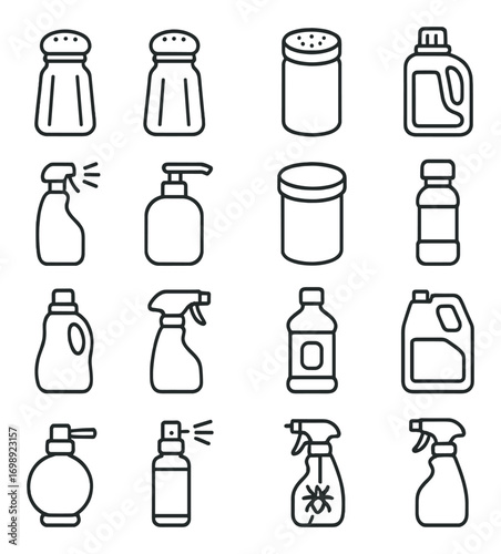 Cleaning products linear icon set. featuring spray bottles, detergent, soap dispenser, salt, and bug spray containers