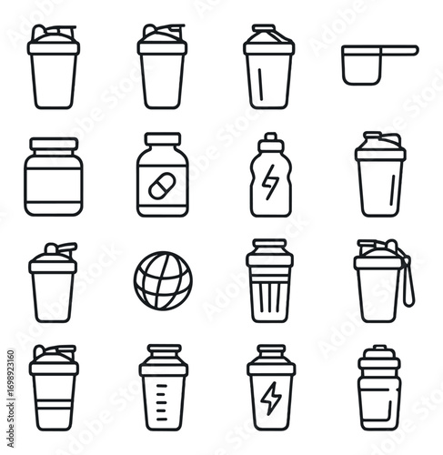 Sports nutrition linear icons set. featuring shaker, bottle, supplement, powder scoop, protein, and globe symbols