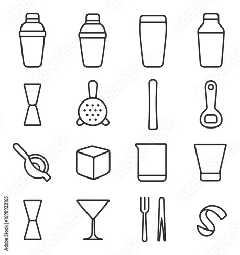 Cocktail equipment linear icon set. featuring shaker, jigger, muddler, strainer, bar spoon, glass, and ice cube symbols