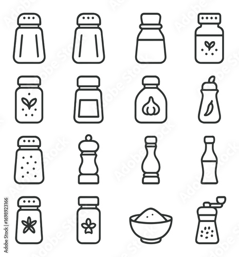 Spices and seasonings linear icon set. featuring salt, pepper, garlic, chili, and jar symbols