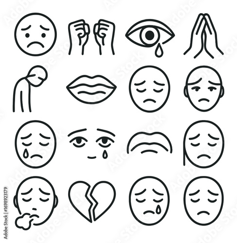 Emotions expression linear icon set. featuring sad face, crying, broken heart, tear, and pleading symbols.