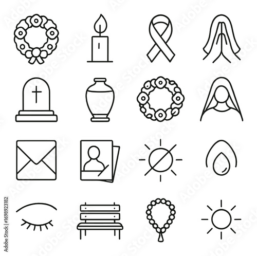 Memorial and mourning linear icon set. featuring wreath, candle, ribbon, prayer, grave, urn, envelope, and sun symbols