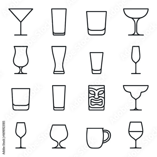 Bar drinks linear icon set. featuring cocktail, wine, beer, champagne, and margarita glasses