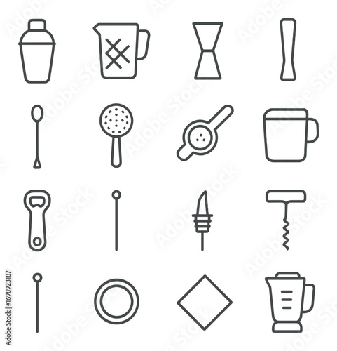 Bar tools linear icon set. featuring shaker, pitcher, jigger, muddler, strainer, spoon, opener, corkscrew, and blender