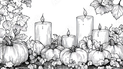 Black and white image of pumpkins, candles and leaves