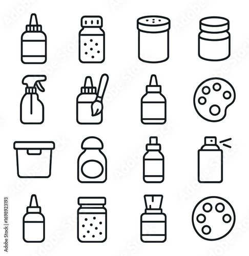 Art supplies linear icon set. featuring glue, paint, spray, palette, jar, and container symbols