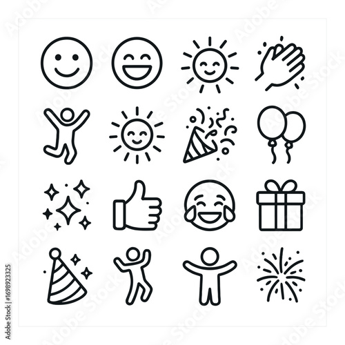 Celebration linear icon set. featuring smiley, sun, clap, dancer, balloon, sparkles, thumb, gift, party hat, fireworks