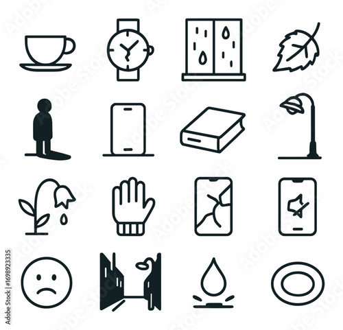 Everyday objects linear icon set. featuring cup, watch, window, leaf, person, phone, book, lamp, flower
