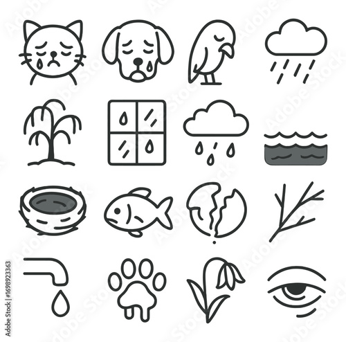 Sad emotions linear icon set. featuring cat, dog, parrot, rain, willow, window, water, nest, fish, egg, twig, faucet, paw, flower, eye