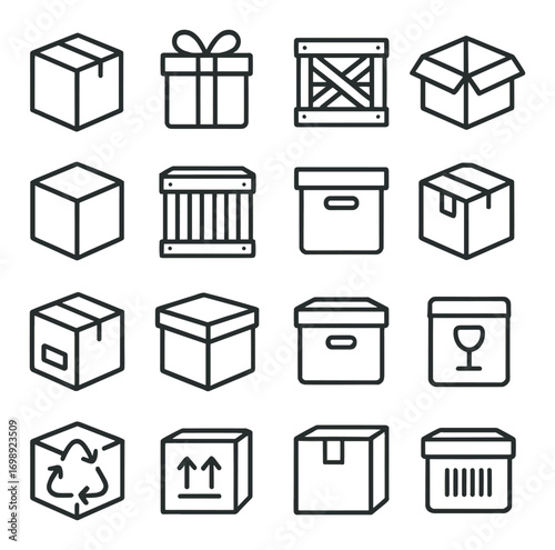 Packaging linear icon set. featuring box, gift, crate, storage, fragile, recycling, and delivery symbols
