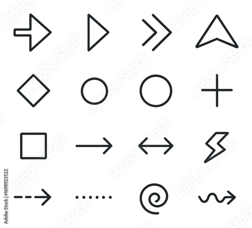 Arrow and shape linear icon set. featuring arrows, circle, diamond, square, plus, zigzag, and spiral symbols
