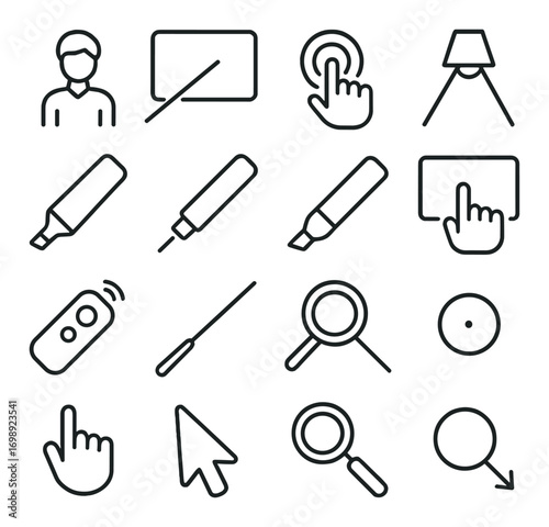 Presentation tools linear icon set. featuring pointer, click, highlighter, magnifying glass, and cursor symbols