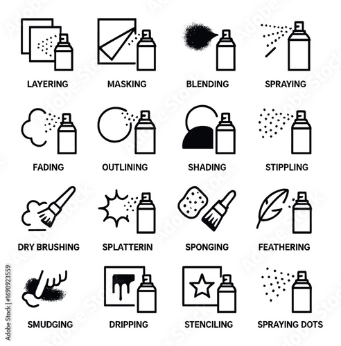 Art techniques silhouette icon set. featuring layering, masking, blending, spraying, fading, outlining, shading symbols