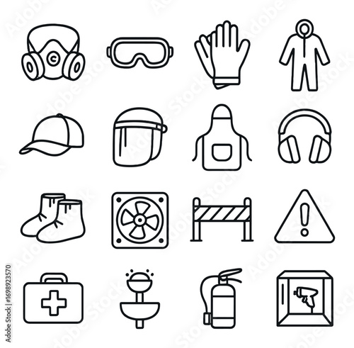 Safety equipment linear icon set. featuring mask, goggles, gloves, suit, cap, headphones, boots