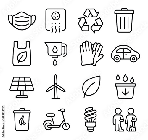 Environment and recycling linear icon set. featuring mask, recycling, trash, gloves, car, solar, wind, leaf, and bike symbols