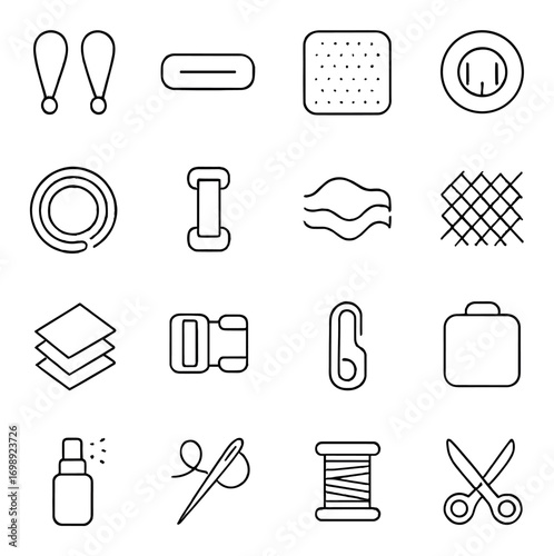 Sewing and craft linear icon set. featuring exclamation mark, minus, fabric, spray bottle, needle, thread, scissors