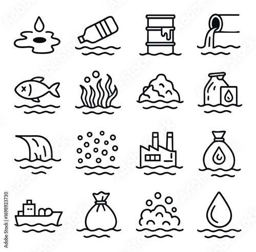 Environmental pollution linear icon set. featuring oil spill, plastic waste, acid rain, and factory emissions