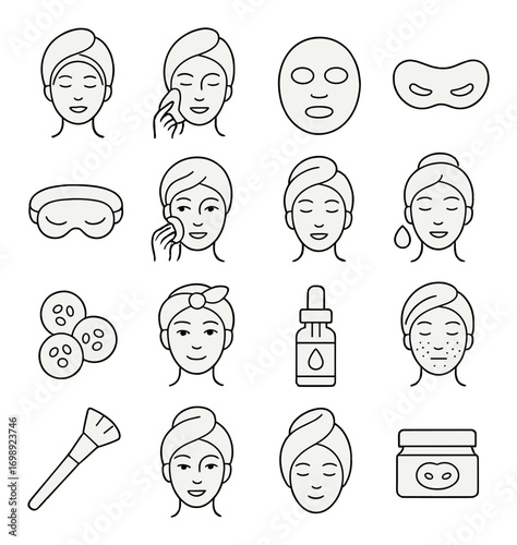 Skincare routine linear icon set. featuring mask, cream, brush, droplet, eye-mask, scrub, and face symbols