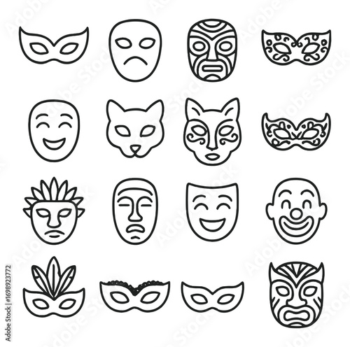 Masks linear icon set. featuring carnival, theater, drama, comedy, tribal, animal, and masquerade symbols