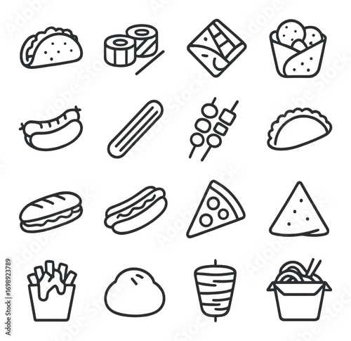 Street food linear icon set. featuring taco, sushi, pizza, fries, hotdog, burrito, and skewers