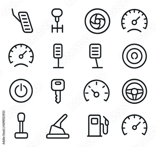 Automotive controls linear icon set. featuring pedal, gearshift, speedometer, ignition, steering, and fuel pump symbols.