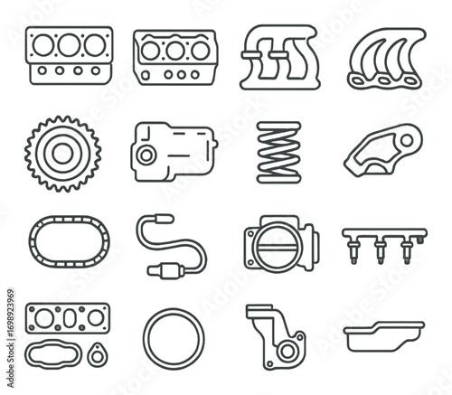 Car engine parts linear icon set. featuring cylinder head, pistons, camshaft, exhaust, gears, turbo, and more