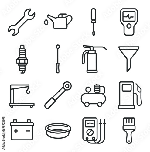 Automotive tools linear icon set. featuring wrench, oil can, screwdriver, multimeter, spark plug, and funnel icons