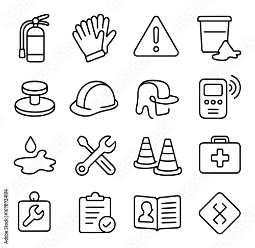 Safety and construction linear icon set. featuring fire extinguisher, gloves, hard hat, warning sign, first aid kit