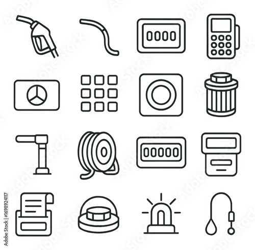 Energy and utility linear icon set. featuring fuel, tube, meter, keypad, emblem, grid, lens, trashcan