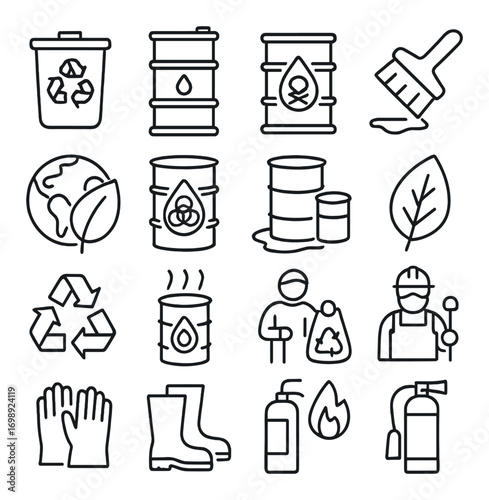 Ecology and recycling linear icon set. featuring recycling bin, oil barrel, paintbrush, earth, and leaf symbols