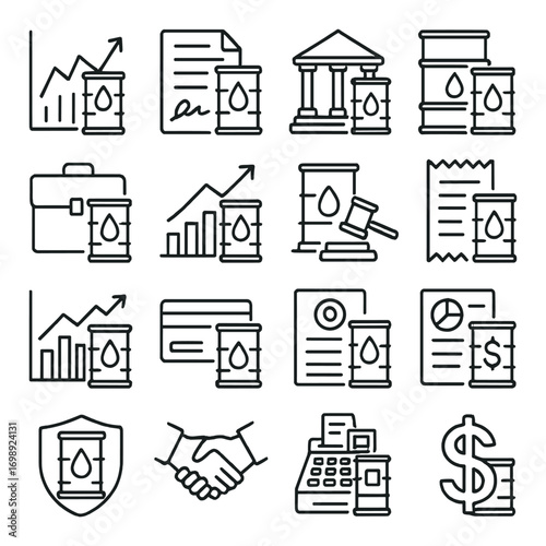 Oil industry linear icon set. featuring graph, document, bank, barrels, briefcase, contract, and shield symbols