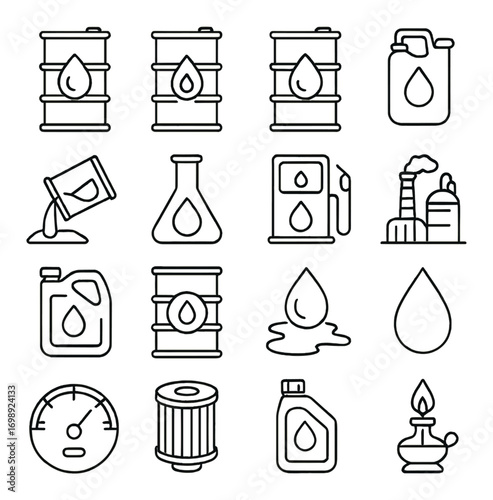 Oil and petroleum linear icon set. featuring barrel, refinery, drop, canister, gas pump, gauge, and beaker symbols