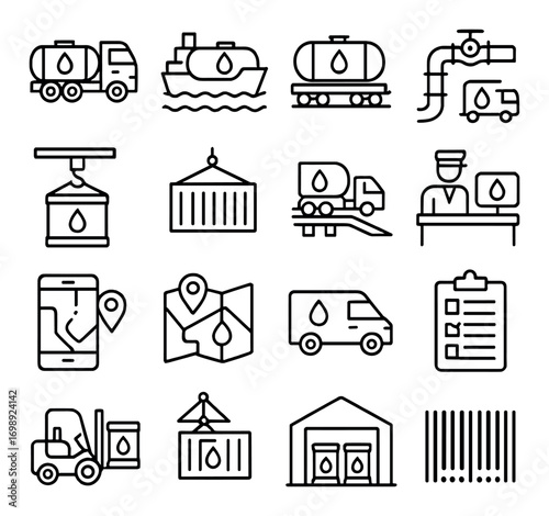 Oil transportation linear icon set. featuring tanker, ship, pipeline, forklift, map, and warehouse symbols