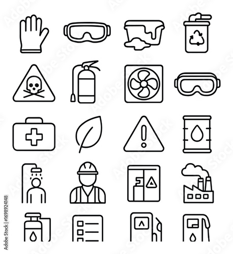 Safety equipment linear icon set. featuring gloves, goggles, paint, recycling, and more symbols