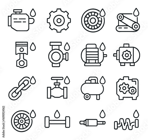 Automotive parts linear icon set. featuring engine, gear, bearings, belts, piston, pump, valve, chain, and filter symbols.