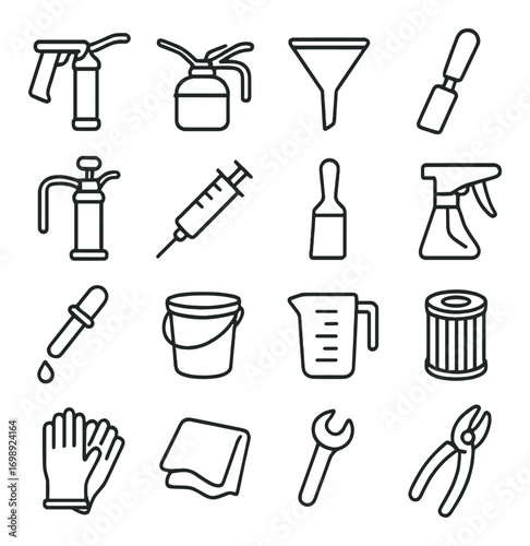 Automotive tools linear icons set. featuring pump, funnel, syringe, dropper, wrench, and pliers symbols