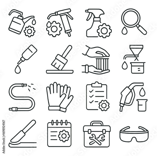 Industrial maintenance linear icon set. featuring pump, nozzle, spray, magnifier, filter, hose, gloves, checklist, fuel, calendar, toolbox, goggles symbols