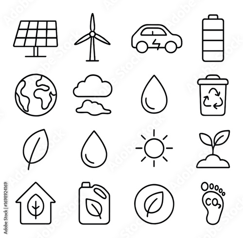 Eco and renewable energy linear icons set. featuring solar, wind, electric car, battery, recycling, earth, clouds