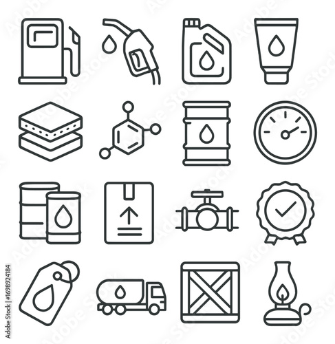 Oil and fuel linear icon set. featuring fuel pump, gas nozzle, jerry can, lubricant, and pipeline symbols.