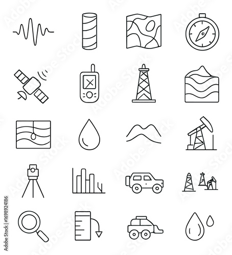 Geology and exploration linear icon set. featuring seismograph, drill, compass, gps, satellite, and terrain symbols